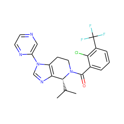 CC(C)[C@@H]1c2ncn(-c3cnccn3)c2CCN1C(=O)c1cccc(C(F)(F)F)c1Cl ZINC000218532374