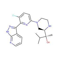 CC(C)[C@](C)(O)[C@H]1CN(c2ccc(F)c(-c3n[nH]c4ncccc34)n2)CCN1 ZINC000095585675