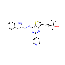 CC(C)[C@](C)(O)C#Cc1csc2c(NC[C@@H](N)Cc3ccccc3)nc(-c3ccncc3)nc12 ZINC000223695114