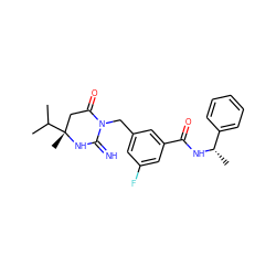 CC(C)[C@]1(C)CC(=O)N(Cc2cc(F)cc(C(=O)N[C@@H](C)c3ccccc3)c2)C(=N)N1 ZINC000148365303