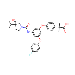 CC(C)[C@]1(O)CCN(C(=O)Nc2cc(Oc3ccc(F)cc3)cc(Oc3ccc(C(C)(C)C(=O)O)cc3)c2)C1 ZINC000224440001