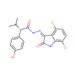 CC(C)[C@H](C(=O)N/N=C1\C(=O)Nc2c(Cl)ccc(Cl)c21)c1ccc(O)cc1 ZINC000072179743