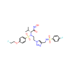 CC(C)[C@H](C(=O)NO)N(CCn1cc(CNS(=O)(=O)c2ccc(F)cc2)nn1)S(=O)(=O)c1ccc(OCCF)cc1 ZINC000096934272