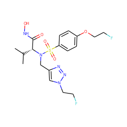 CC(C)[C@H](C(=O)NO)N(Cc1cn(CCF)nn1)S(=O)(=O)c1ccc(OCCF)cc1 ZINC000096934275