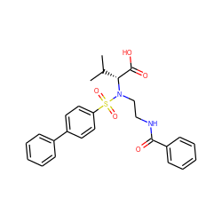 CC(C)[C@H](C(=O)O)N(CCNC(=O)c1ccccc1)S(=O)(=O)c1ccc(-c2ccccc2)cc1 ZINC000095920991