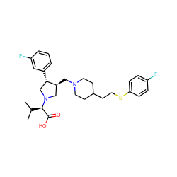 CC(C)[C@H](C(=O)O)N1C[C@H](CN2CCC(CCSc3ccc(F)cc3)CC2)[C@@H](c2cccc(F)c2)C1 ZINC000013479580