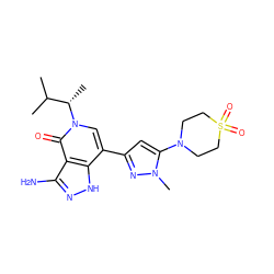 CC(C)[C@H](C)n1cc(-c2cc(N3CCS(=O)(=O)CC3)n(C)n2)c2[nH]nc(N)c2c1=O ZINC000653813217