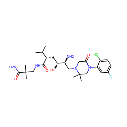 CC(C)[C@H](C[C@H](O)[C@@H](N)CN1CC(=O)N(c2cc(F)ccc2Cl)CC1(C)C)C(=O)NCC(C)(C)C(N)=O ZINC000084652484