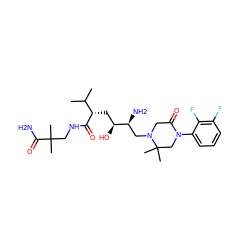 CC(C)[C@H](C[C@H](O)[C@@H](N)CN1CC(=O)N(c2cccc(F)c2F)CC1(C)C)C(=O)NCC(C)(C)C(N)=O ZINC000084652152