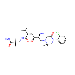 CC(C)[C@H](C[C@H](O)[C@@H](N)CN1CC(=O)N(c2ccccc2Cl)CC1(C)C)C(=O)NCC(C)(C)C(N)=O ZINC000043178596