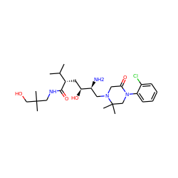 CC(C)[C@H](C[C@H](O)[C@@H](N)CN1CC(=O)N(c2ccccc2Cl)CC1(C)C)C(=O)NCC(C)(C)CO ZINC000096270467