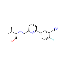 CC(C)[C@H](CO)NCc1cccc(-c2ccc(F)c(C#N)c2)n1 ZINC000204416169