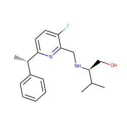 CC(C)[C@H](CO)NCc1nc([C@@H](C)c2ccccc2)ccc1F ZINC000204420164