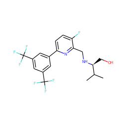 CC(C)[C@H](CO)NCc1nc(-c2cc(C(F)(F)F)cc(C(F)(F)F)c2)ccc1F ZINC000218697977