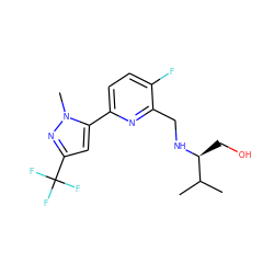 CC(C)[C@H](CO)NCc1nc(-c2cc(C(F)(F)F)nn2C)ccc1F ZINC000204420252