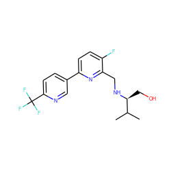 CC(C)[C@H](CO)NCc1nc(-c2ccc(C(F)(F)F)nc2)ccc1F ZINC000202254451