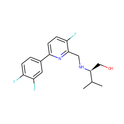 CC(C)[C@H](CO)NCc1nc(-c2ccc(F)c(F)c2)ccc1F ZINC000204415808