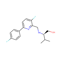 CC(C)[C@H](CO)NCc1nc(-c2ccc(F)cc2)ccc1F ZINC000204410186