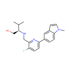 CC(C)[C@H](CO)NCc1nc(-c2ccc3c(ccn3C)c2)ccc1F ZINC000204414378