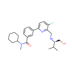 CC(C)[C@H](CO)NCc1nc(-c2cccc(C(=O)N(C)C3CCCCC3)c2)ccc1F ZINC000204416004