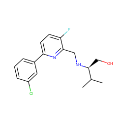 CC(C)[C@H](CO)NCc1nc(-c2cccc(Cl)c2)ccc1F ZINC000204415438