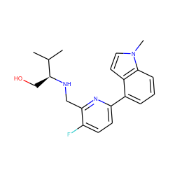 CC(C)[C@H](CO)NCc1nc(-c2cccc3c2ccn3C)ccc1F ZINC000204415329