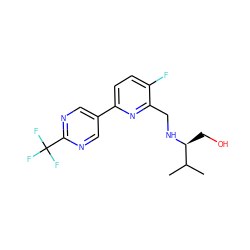 CC(C)[C@H](CO)NCc1nc(-c2cnc(C(F)(F)F)nc2)ccc1F ZINC000204412770