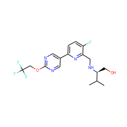 CC(C)[C@H](CO)NCc1nc(-c2cnc(OCC(F)(F)F)nc2)ccc1F ZINC000204425868