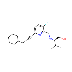 CC(C)[C@H](CO)NCc1nc(C#CCC2CCCCC2)ccc1F ZINC000204415696