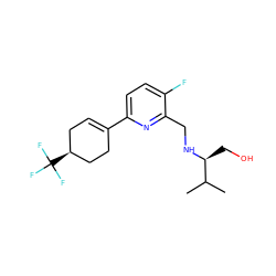 CC(C)[C@H](CO)NCc1nc(C2=CC[C@H](C(F)(F)F)CC2)ccc1F ZINC000204414391