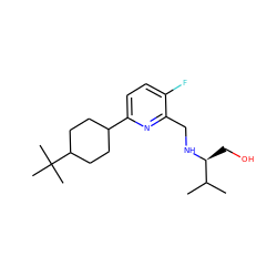 CC(C)[C@H](CO)NCc1nc(C2CCC(C(C)(C)C)CC2)ccc1F ZINC000204415220