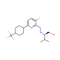 CC(C)[C@H](CO)NCc1nc(C2CCC(C(F)(F)F)CC2)ccc1F ZINC000204409532