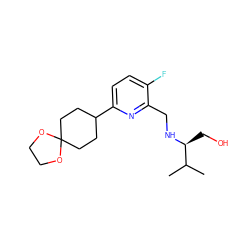 CC(C)[C@H](CO)NCc1nc(C2CCC3(CC2)OCCO3)ccc1F ZINC000204419418