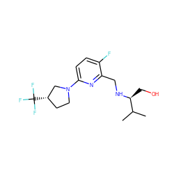 CC(C)[C@H](CO)NCc1nc(N2CC[C@H](C(F)(F)F)C2)ccc1F ZINC000204419126