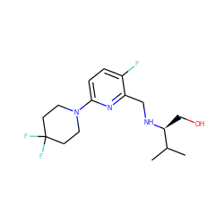 CC(C)[C@H](CO)NCc1nc(N2CCC(F)(F)CC2)ccc1F ZINC000204416329