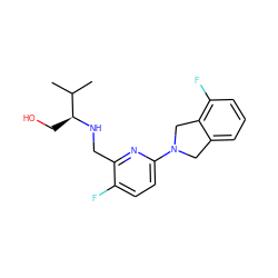 CC(C)[C@H](CO)NCc1nc(N2Cc3cccc(F)c3C2)ccc1F ZINC000204416494