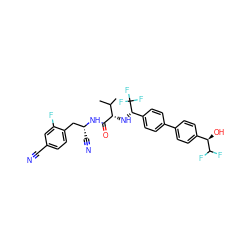 CC(C)[C@H](N[C@@H](c1ccc(-c2ccc([C@@H](O)C(F)F)cc2)cc1)C(F)(F)F)C(=O)N[C@H](C#N)Cc1ccc(C#N)cc1F ZINC000064550006