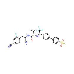 CC(C)[C@H](N[C@@H](c1ccc(-c2ccc(S(C)(=O)=O)cc2)cc1)C(F)(F)F)C(=O)N[C@H](C#N)Cc1ccc(C#N)cc1F ZINC000064549803