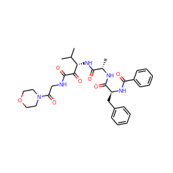 CC(C)[C@H](NC(=O)[C@H](C)NC(=O)[C@H](Cc1ccccc1)NC(=O)c1ccccc1)C(=O)C(=O)NCC(=O)N1CCOCC1 ZINC000204199683