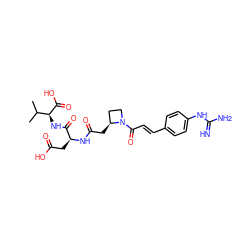 CC(C)[C@H](NC(=O)[C@H](CC(=O)O)NC(=O)C[C@H]1CCN1C(=O)/C=C/c1ccc(NC(=N)N)cc1)C(=O)O ZINC000029469960