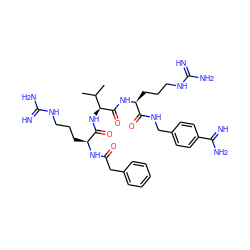 CC(C)[C@H](NC(=O)[C@H](CCCNC(=N)N)NC(=O)Cc1ccccc1)C(=O)N[C@@H](CCCNC(=N)N)C(=O)NCc1ccc(C(=N)N)cc1 ZINC000049678612