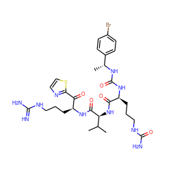 CC(C)[C@H](NC(=O)[C@H](CCCNC(N)=O)NC(=O)N[C@H](C)c1ccc(Br)cc1)C(=O)N[C@@H](CCCNC(=N)N)C(=O)c1nccs1 ZINC000029125473