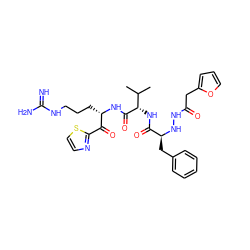 CC(C)[C@H](NC(=O)[C@H](Cc1ccccc1)NNC(=O)Cc1ccco1)C(=O)N[C@@H](CCCNC(=N)N)C(=O)c1nccs1 ZINC000036184950