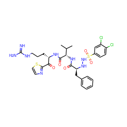 CC(C)[C@H](NC(=O)[C@H](Cc1ccccc1)NNS(=O)(=O)c1ccc(Cl)c(Cl)c1)C(=O)N[C@@H](CCCNC(=N)N)C(=O)c1nccs1 ZINC000037868456