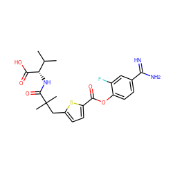 CC(C)[C@H](NC(=O)C(C)(C)Cc1ccc(C(=O)Oc2ccc(C(=N)N)cc2F)s1)C(=O)O ZINC000217578155