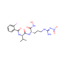 CC(C)[C@H](NC(=O)c1ccccc1I)C(=O)N[C@@H](CCCN/C(N)=N/[N+](=O)[O-])C(=O)NO ZINC000049762314