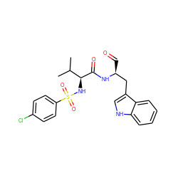 CC(C)[C@H](NS(=O)(=O)c1ccc(Cl)cc1)C(=O)N[C@@H](C=O)Cc1c[nH]c2ccccc12 ZINC000027985452