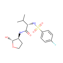 CC(C)[C@H](NS(=O)(=O)c1ccc(F)cc1)C(=O)N[C@H]1CCO[C@@H]1O ZINC000013478169