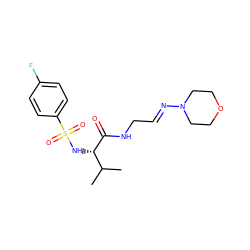 CC(C)[C@H](NS(=O)(=O)c1ccc(F)cc1)C(=O)NC/C=N/N1CCOCC1 ZINC000013442650