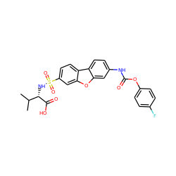 CC(C)[C@H](NS(=O)(=O)c1ccc2c(c1)oc1cc(NC(=O)Oc3ccc(F)cc3)ccc12)C(=O)O ZINC000040957807